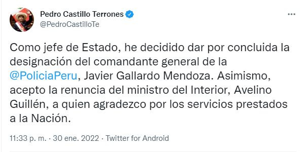 Castillo: Decidí dar por concluida la designación del comandante general Javier Gallardo