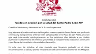 Iglesia Católica convoca oración por la salud del papa León XIV