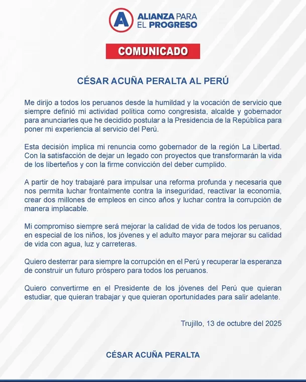 César Acuña confirma que postulará a la presidencia en 2026