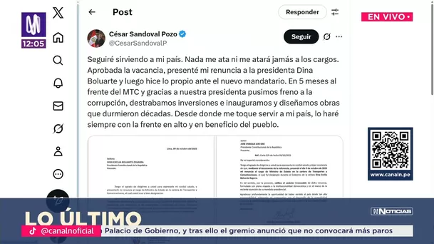 ¿Por qué renunció César Sandoval al Ministerio de Transportes? Foto: Canal N ¿Por qué renunció César Sandoval al Ministerio de Transportes? Foto: Canal N