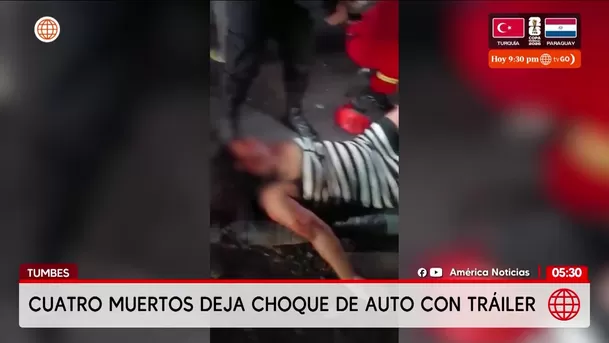 Choque de auto con tráiler deja cuatro muertos en Tumbes. Foto: América Noticias Choque de auto con tráiler deja cuatro muertos en Tumbes. Foto: América Noticias