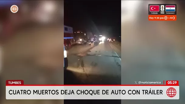 Choque de auto con tráiler deja cuatro muertos en Tumbes. Foto: América Noticias Choque de auto con tráiler deja cuatro muertos en Tumbes. Foto: América Noticias