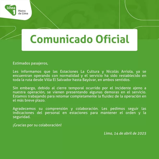 Comunicado del Metro de Lima Comunicado del Metro de Lima
