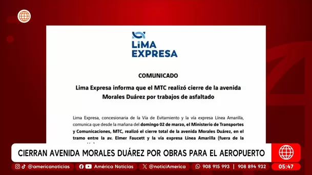 Cierran avenida Morales Duárez por obras para el aeropuerto Jorge Chávez. Foto: América Noticias Cierran avenida Morales Duárez por obras para el aeropuerto Jorge Chávez. Foto: América Noticias