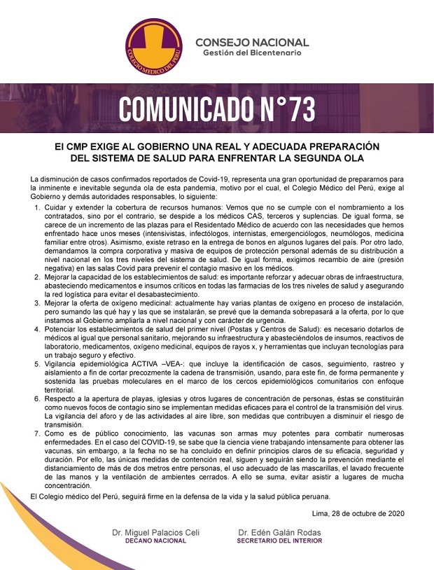 Colegio Médico exige una real preparación del sistema de salud para enfrentar segunda ola COVID-19