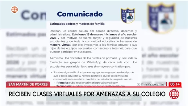 Colegio suspende clases presenciales por extorsión en San Martín de Porres. Foto: América Noticias