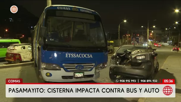 Comas: Cisterna fuera de control choca contra bus y auto en Pasamayito. Foto: América Noticias Comas: Cisterna fuera de control choca contra bus y auto en Pasamayito. Foto: América Noticias