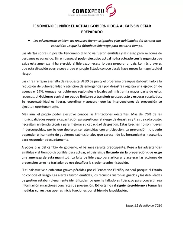 ComexPerú advirtió que el país llega sin preparación ante El Niño tras registrarse solo un 27% de ejecución en el presupuesto de emergencias. El gremio pidió al nuevo Gobierno tomar medidas correctivas inmediatas. Imagen: ComexPerú ComexPerú advirtió que el país llega sin preparación ante El Niño tras registrarse solo un 27% de ejecución en el presupuesto de emergencias. El gremio pidió al nuevo Gobierno tomar medidas correctivas inmediatas. Imagen: ComexPerú