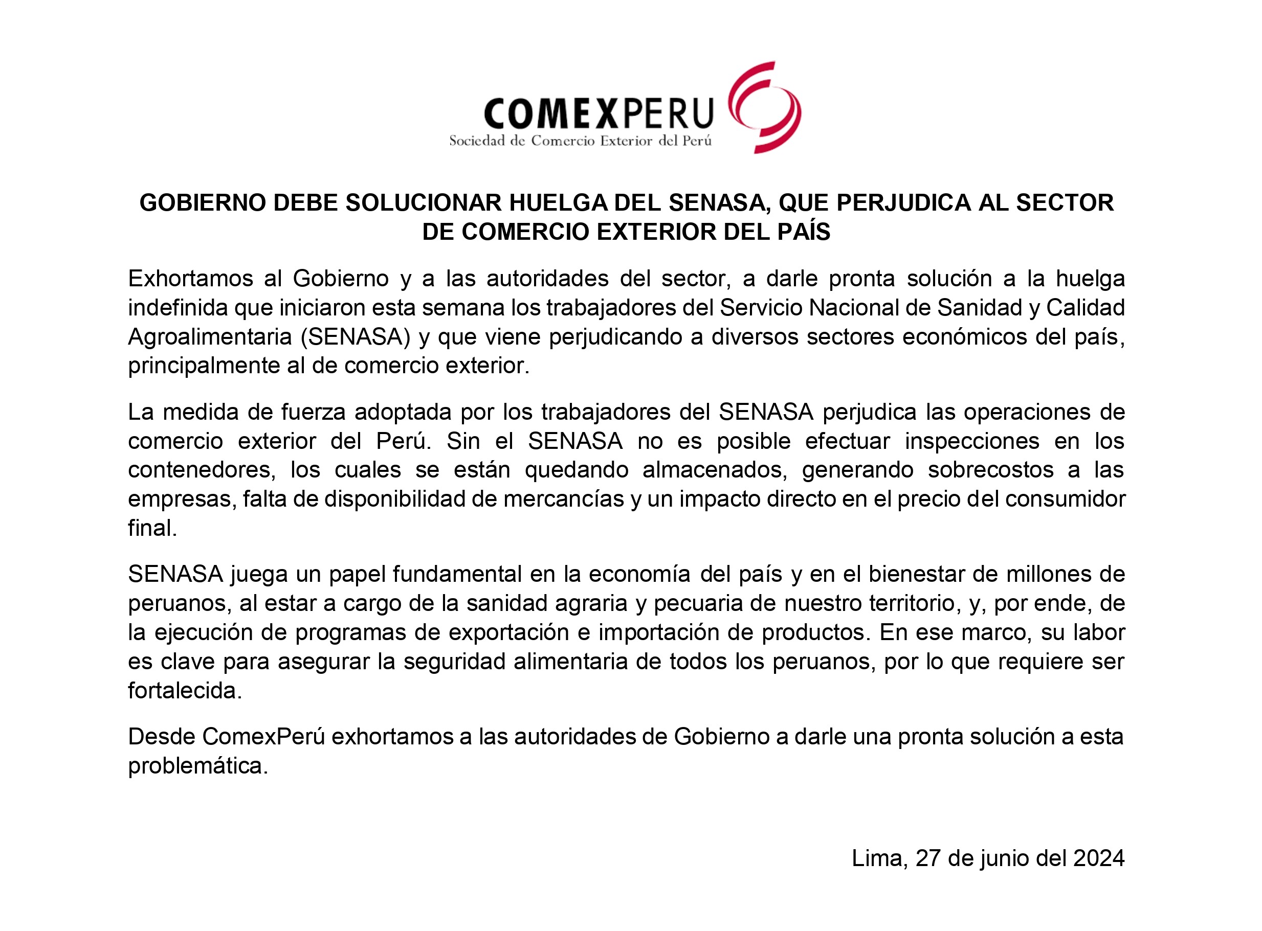 ComexPerú pide solucionar huelga de trabajadores del Senasa