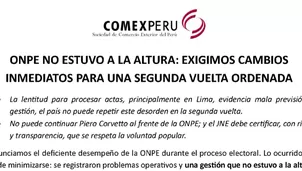 ComexPerú pide cambios urgentes en la ONPE y demanda que Piero Corvetto no continúe al frente del organismo para la segunda vuelta. El gremio exige a las autoridades electorales medidas correctivas para asegurar un proceso ordenado. Video: Canal N
