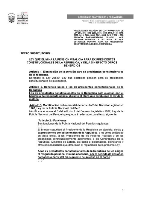 Pensión vitalicia para expresidentes: Comisión de Constitución aprobó proyecto de ley que elimina dicho beneficio