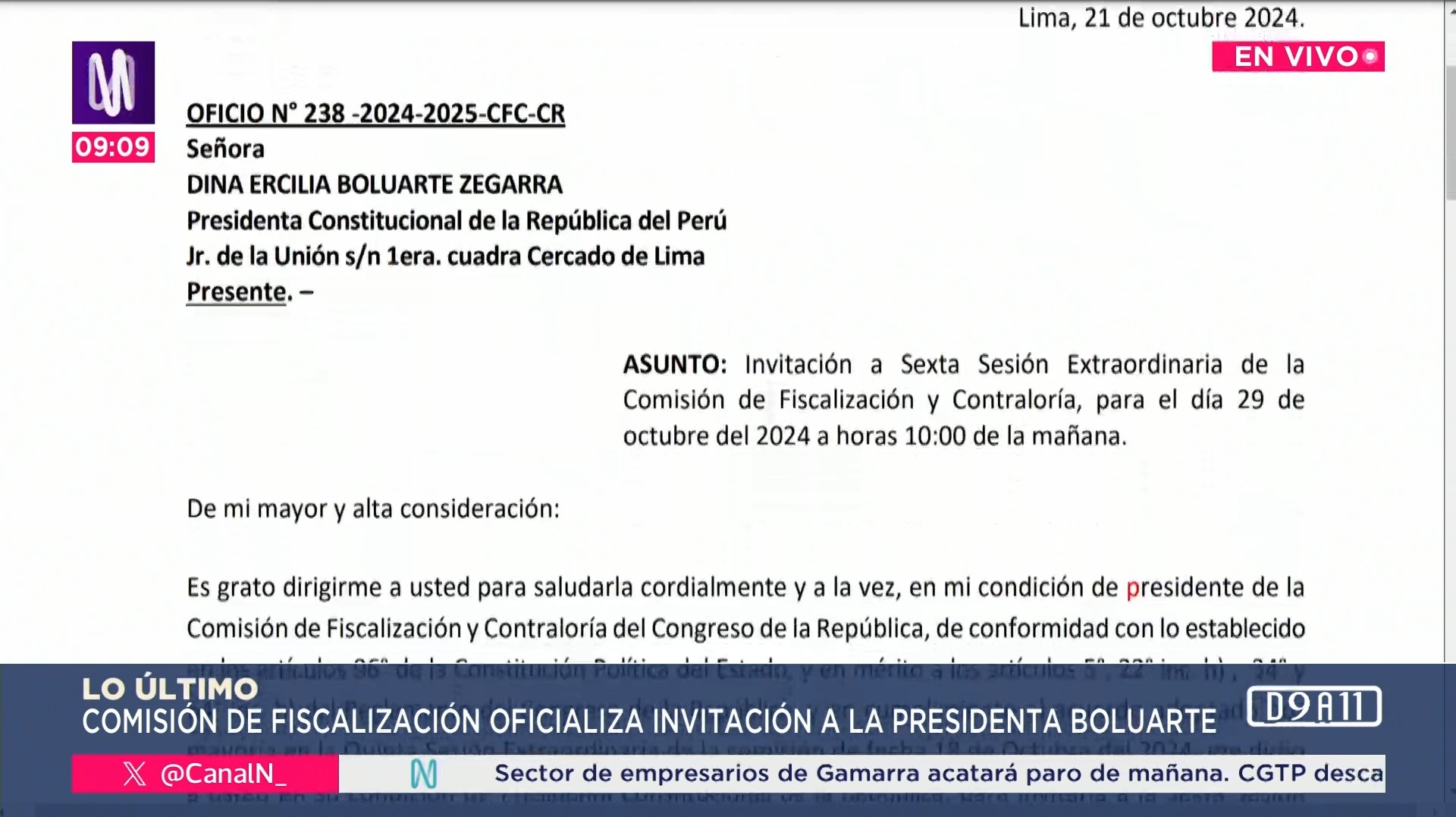 Comisión de Fiscalización oficializa invitación a Dina Boluarte