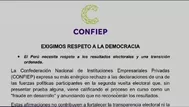 CONFIEP exige respetar resultados electorales tras anuncio de Roberto Sánchez