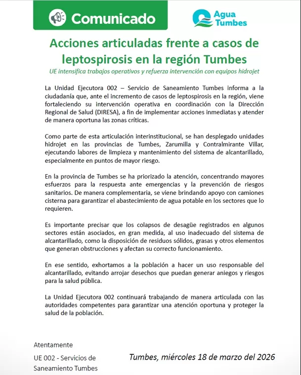Confirman muerte de niña por leptospirosis en Tumbes