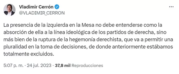 Mensaje de Vladimir Cerrón publicado en su cuenta personal de Twitter - Foto: Captura Twitter