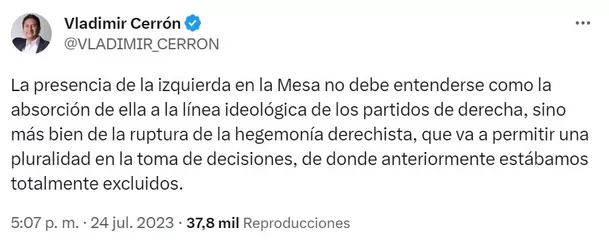 Mensaje de Vladimir Cerrón publicado en su cuenta personal de Twitter - Foto: Captura Twitter