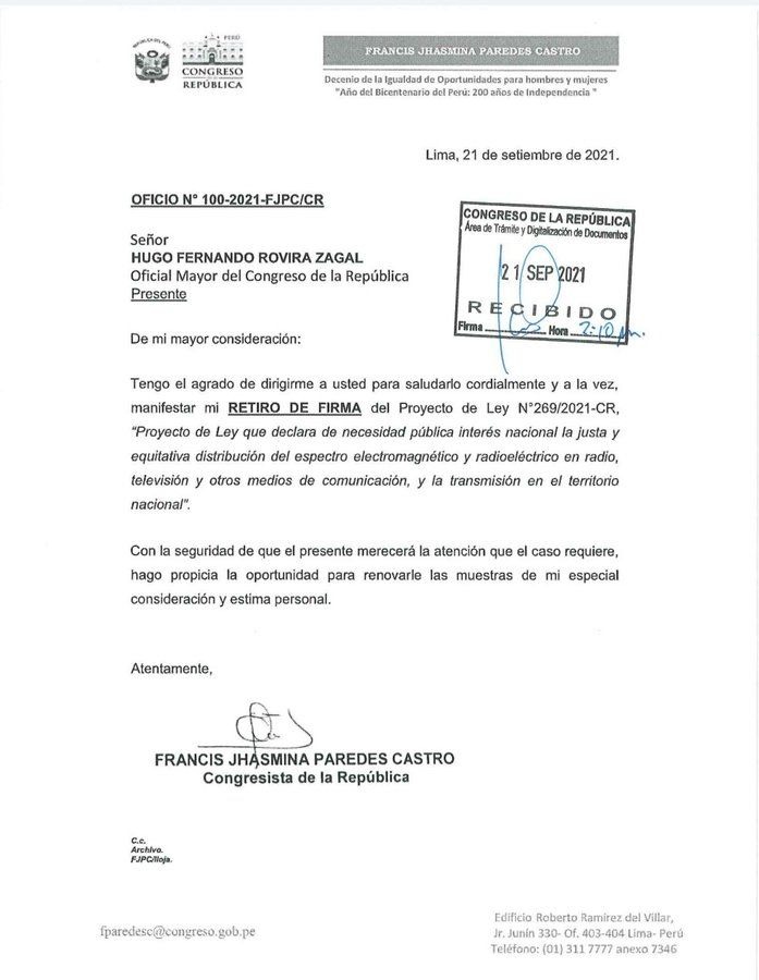 Carta enviada por Paredes al oficial mayor del Congreso.