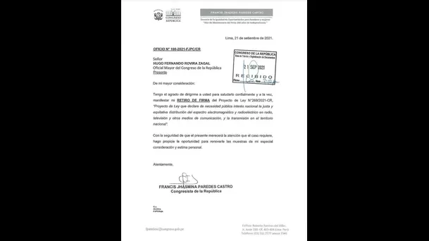 Carta enviada por Paredes al oficial mayor del Congreso.