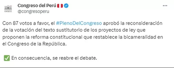 Aprueban nueva reconsideración a la votación por retorno a la bicameralidad