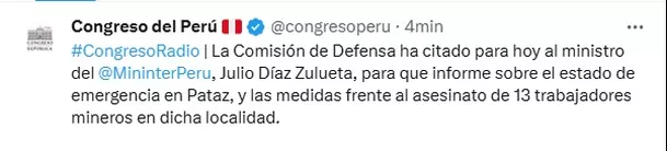 Congreso cita a ministro de Interior por asesinato de 13 trabajadores mineros. Foto: América Noticias Congreso cita a ministro de Interior por asesinato de 13 trabajadores mineros. Foto: América Noticias