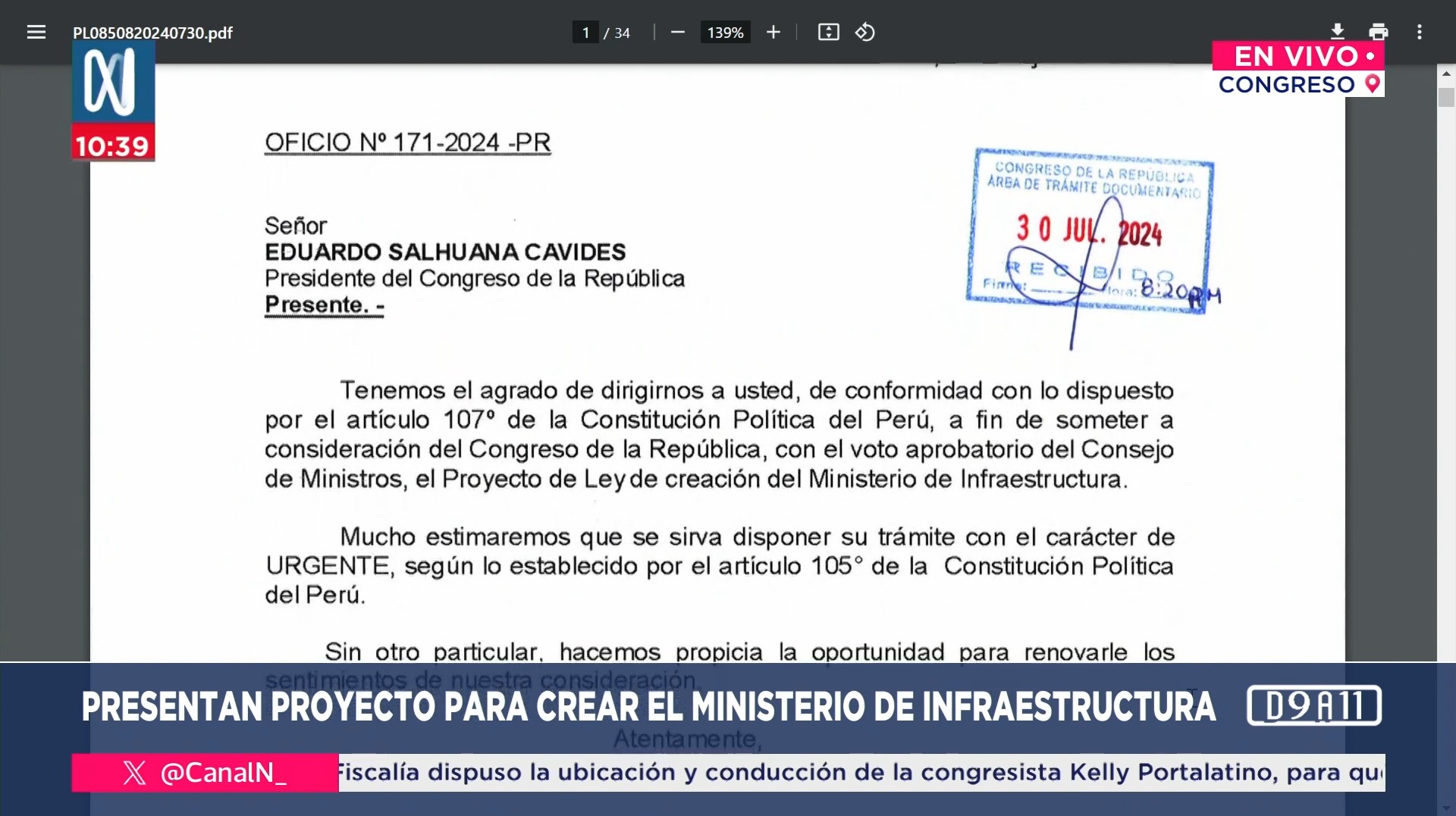 Congreso: Gobierno presentó proyecto de ley para crear el Ministerio de Infraestructura