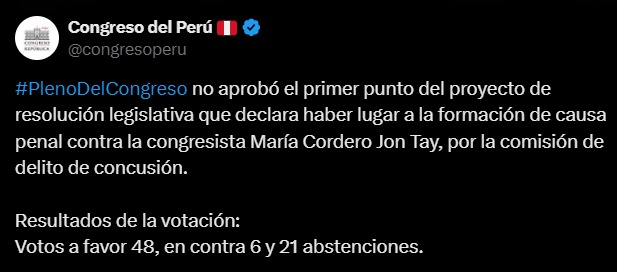 Congreso aprobó en reconsideración denuncia constitucional María Cordero Jon Tay