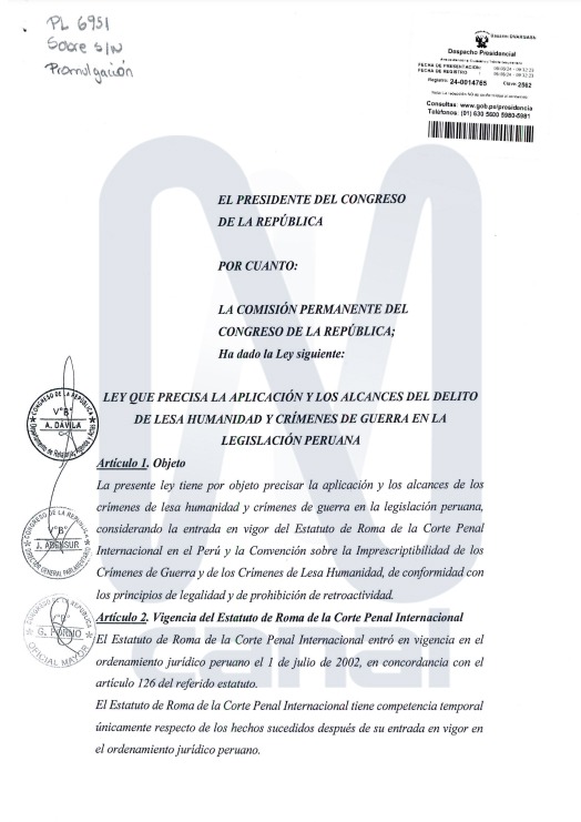 Congreso ordenó que se promulgue ley sobre lesa humanidad