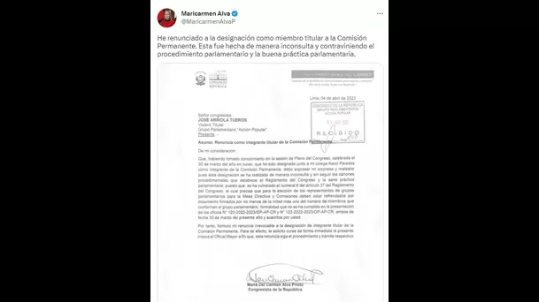 Oficio enviado por María del Carmen Alva al vocero titular de la banca de Acción Popular, José Arriola.