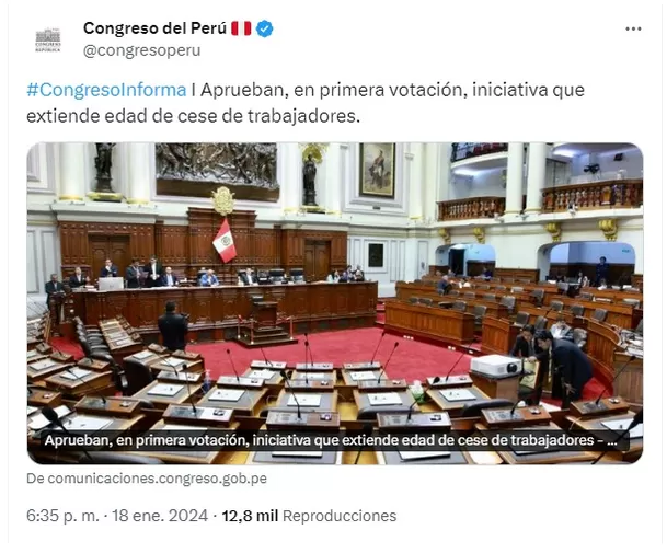 Congreso aprobó, en primera votación, iniciativa que extiende edad de cese de trabajadores - Foto: @congresoperu