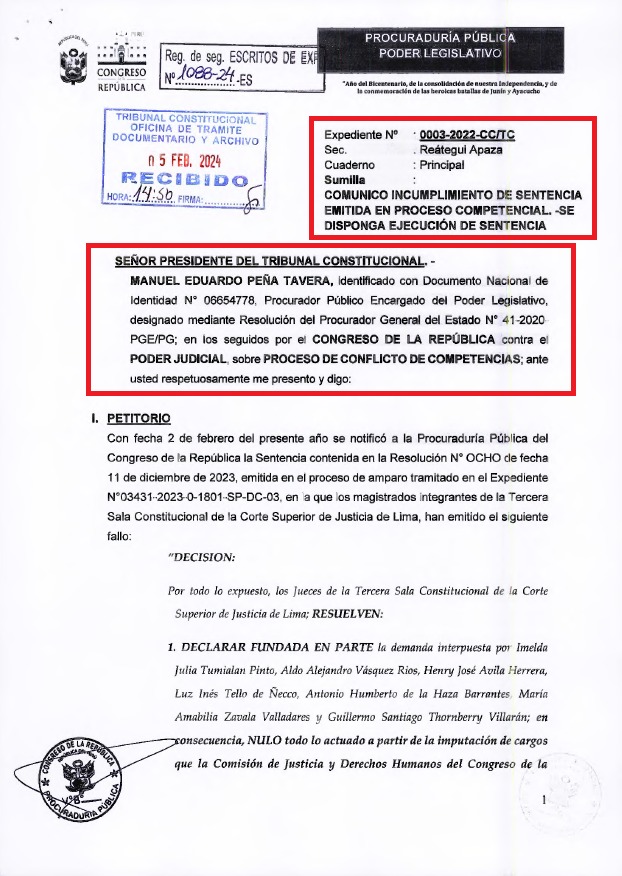 Congreso solicitó al TC anular sentencia judicial que dejó sin efecto investigación contra la JNJ