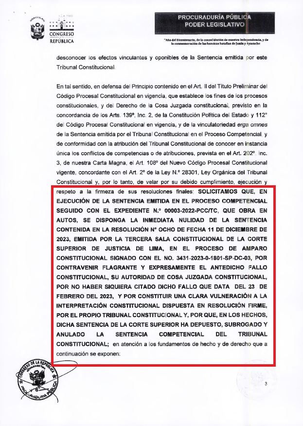 Congreso solicitó al TC anular sentencia judicial que dejó sin efecto investigación contra la JNJ