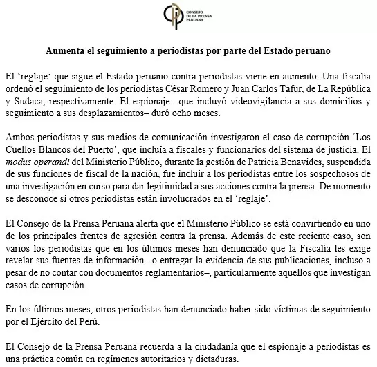 CPP advirtió aumento de reglaje contra periodistas - Foto: Consejo de la Prensa Peruana