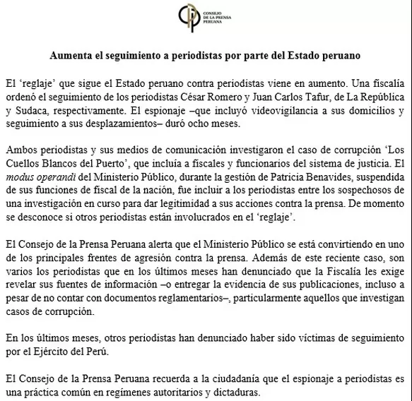 CPP advirtió aumento de reglaje contra periodistas - Foto: Consejo de la Prensa Peruana