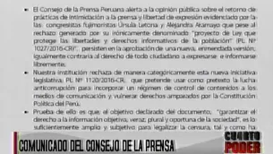 Comunicado del Consejo de la Prensa. Foto: captura de TV