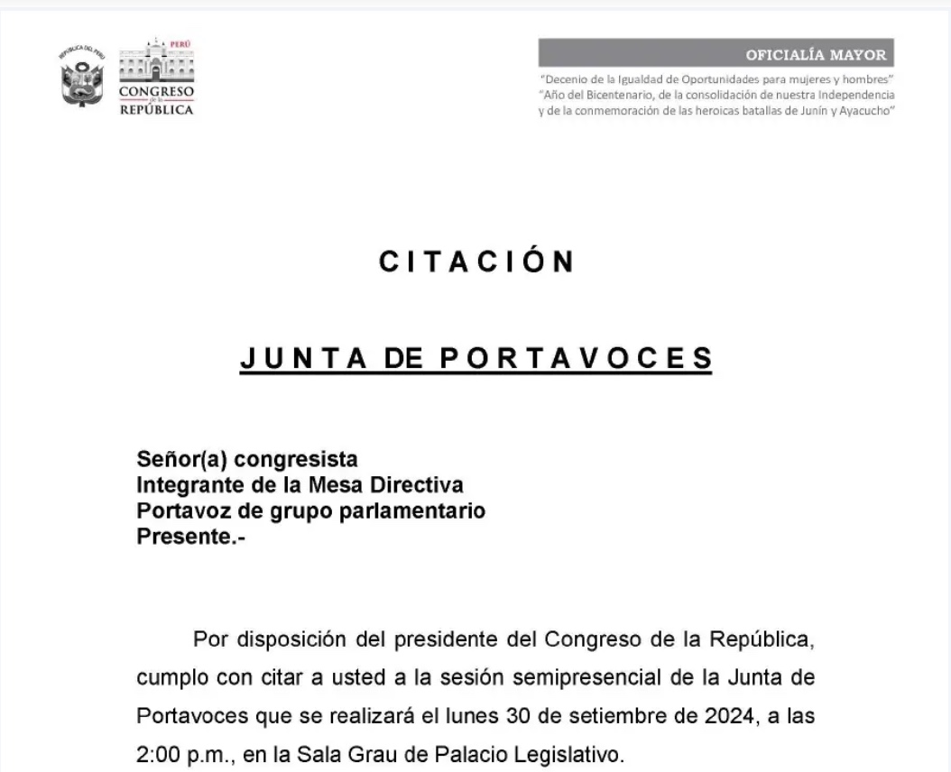 Convocan a Junta de Portavoces el 30 de septiembre