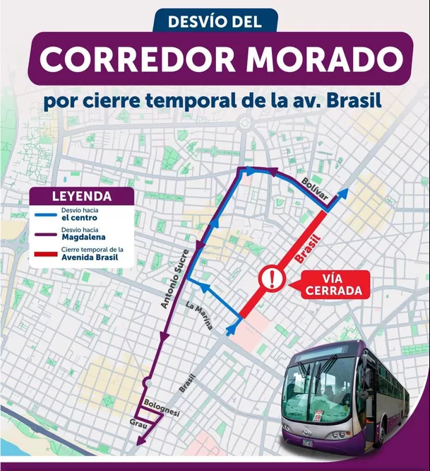 Corredor Morado y Aerodirecto cambian rutas por cierre en avenida Brasil. Foto: ATU