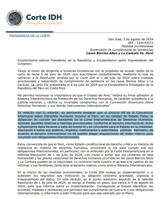 Corte IDH responde a carta de Dina Boluarte y recuerda que sus fallos son “vinculantes para el Estado en su totalidad”