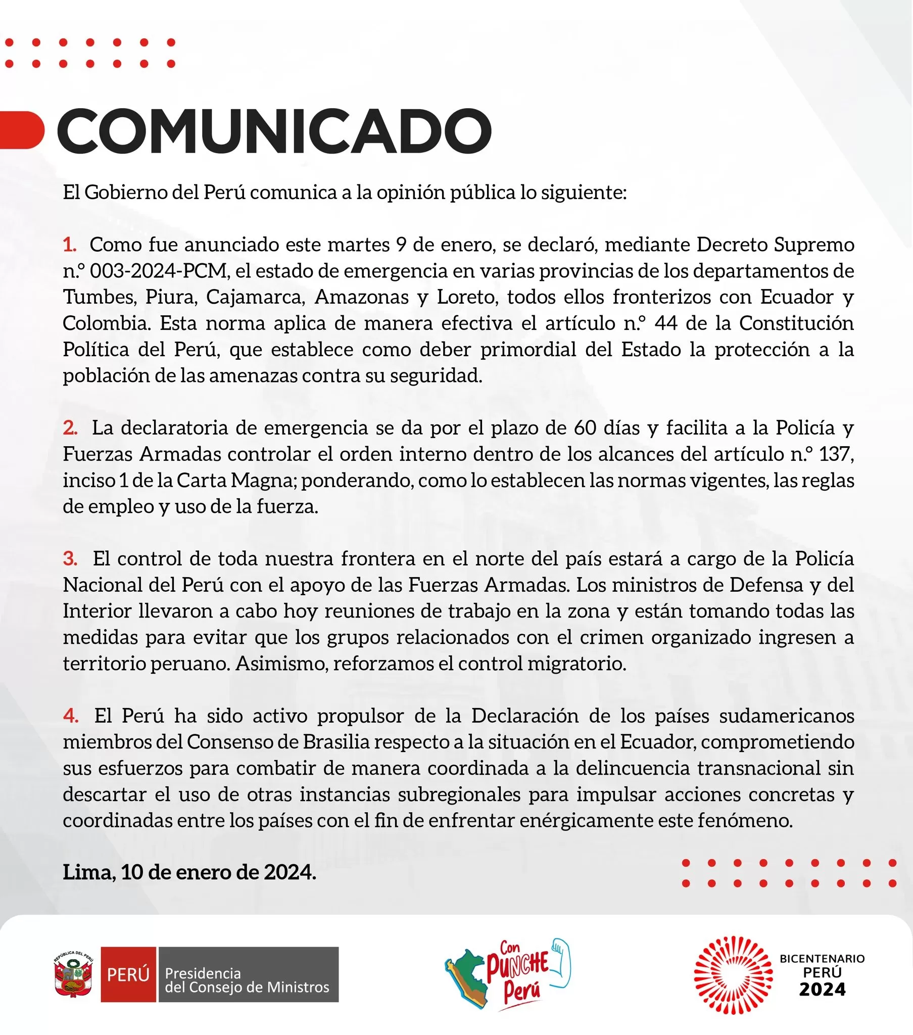 Comunicado de la PCM sobre declaratoria de estado de emergencia en la frontera norte peruana - Foto: PCM