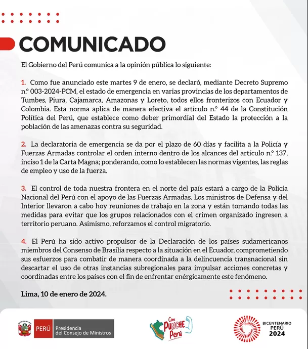 Comunicado de la PCM sobre declaratoria de estado de emergencia en la frontera norte peruana - Foto: PCM