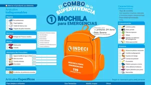 Indeci recordó que la mochila de emergencia debe pesar máximo 8 kilos. Debe incluir alimentos no perecibles, botiquín, radio a pilas, linterna, herramientas, dinero en monedas y productos para bebés o adultos mayores. Imagen: Indeci. Video: Canal N