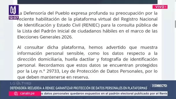 Defensoría pide a Reniec proteger datos personales del padrón. Foto: Canal N Defensoría pide a Reniec proteger datos personales del padrón. Foto: Canal N