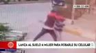 Delincuente lanza al suelo a mujer para robarle su celular