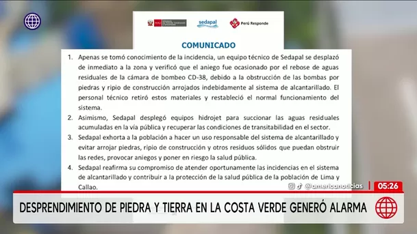 Desprendimiento de tierra en la Costa Verde generó alarma. Foto: América Noticias Desprendimiento de tierra en la Costa Verde generó alarma. Foto: América Noticias