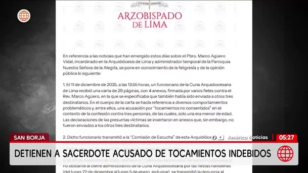 Detienen a sacerdote Marco Agüero Vidal por tocamientos en San Borja. Foto: América Noticias