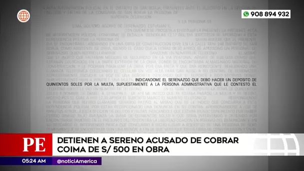 Detienen a sereno acusado de cobrar coima en obra de San Borja. Foto: América Noticias