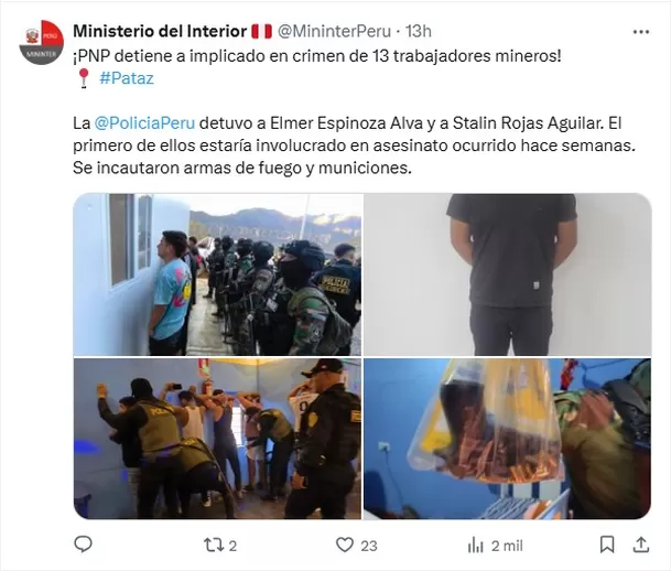 Cae presunto implicado en asesinato de trece trabajadores en Pataz. Foto: Mininter