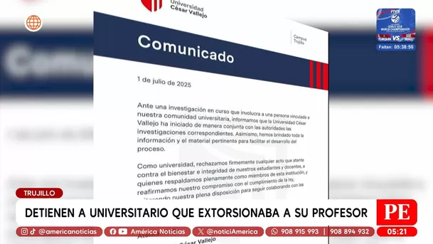 Detienen a universitario que extorsionaba a su profesor. Foto: América Noticias