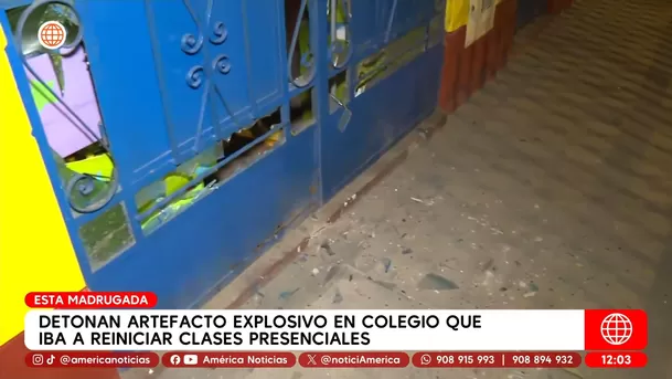 Detonan artefacto explosivo en colegio que iba a reiniciar clases presenciales en San Juan de Lurigancho. Foto: América Noticias Detonan artefacto explosivo en colegio que iba a reiniciar clases presenciales en San Juan de Lurigancho. Foto: América Noticias