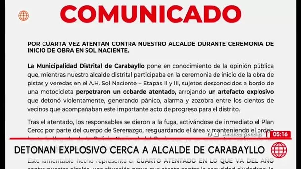 Detonan explosivo durante ceremonia de alcalde de Carabayllo. Foto: América Noticias