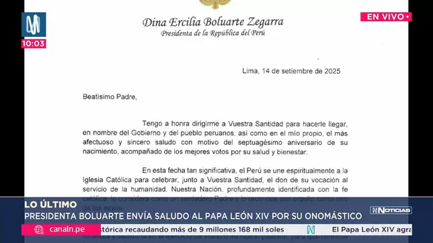 Dina Boluarte saluda al papa León XIV en su cumpleaños número 70. Foto: Canal N